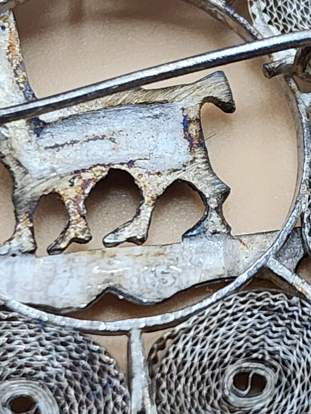 Vintage Sterling Silver Peruvian Llama Intricate Filigree Circular Frame Brooch